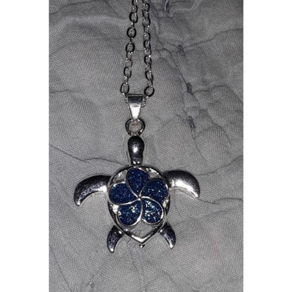 ADORABLE BLUE OPAL FLOWER SHELL SILVER SEA TURTLE NECKLACE - Picture 7 of 8